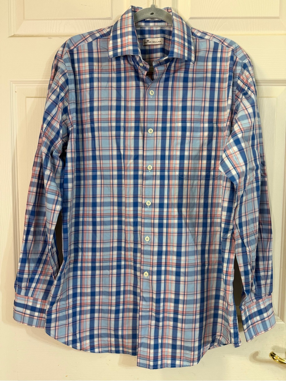 Peter Millar Blue Pink White Plaid Button Down Long Sleeves Shirt Sz L EUC